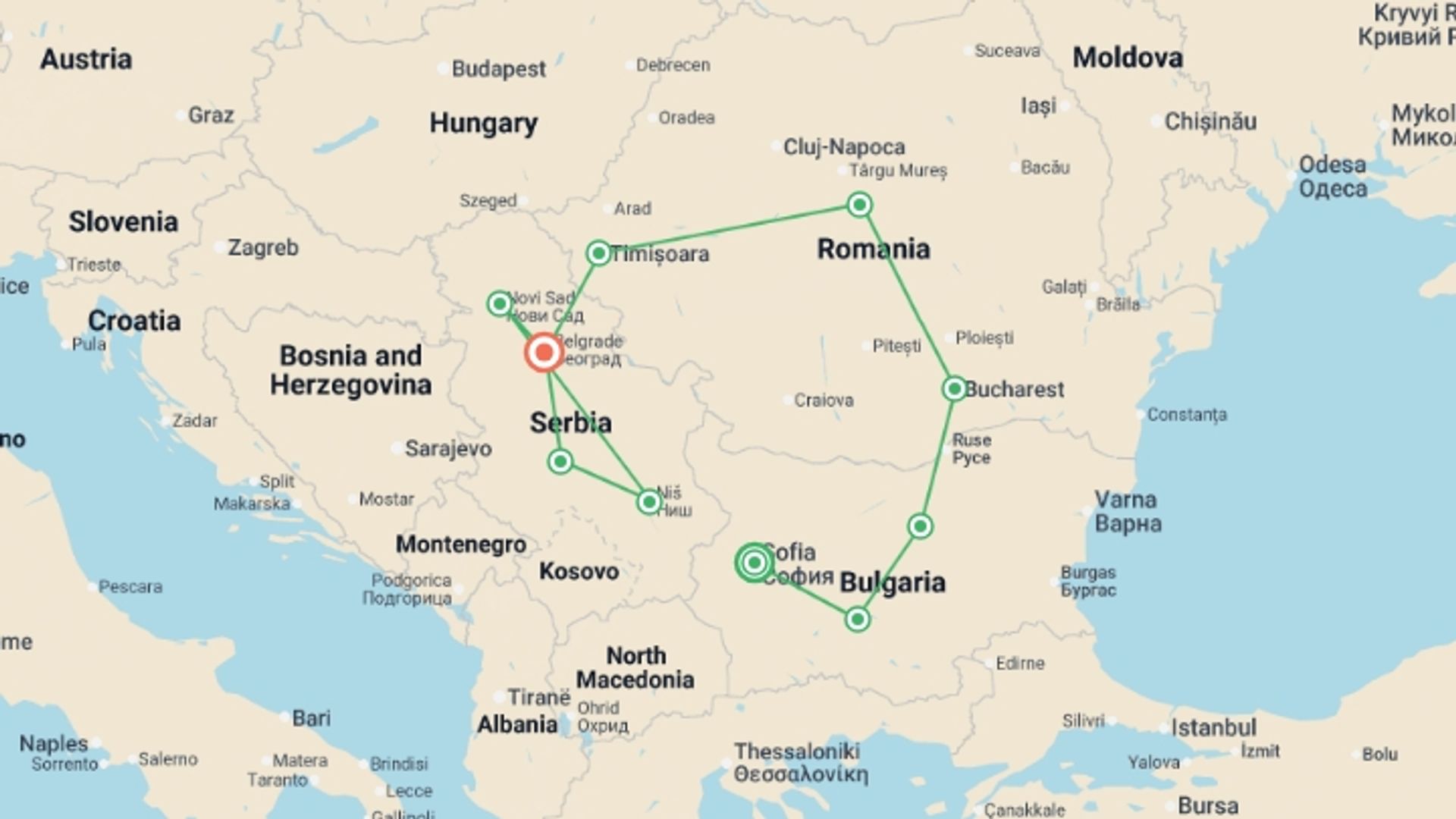 A map showing the tour itinerary for the trip: Discovering the Magic of the Balkans, starting in Sofia, Bulgaria and ending in Belgrade, Serbia going through 8 other destinations.
