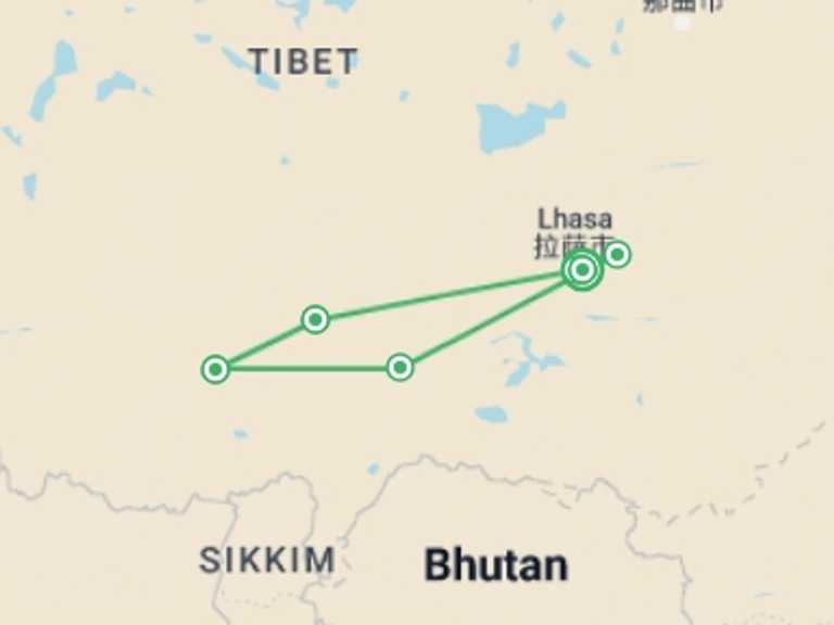 Map of a Natural landmarks sightseeing Tour with 3 destination visits for the trip: Tibetan Culture and Central Tibet Tour