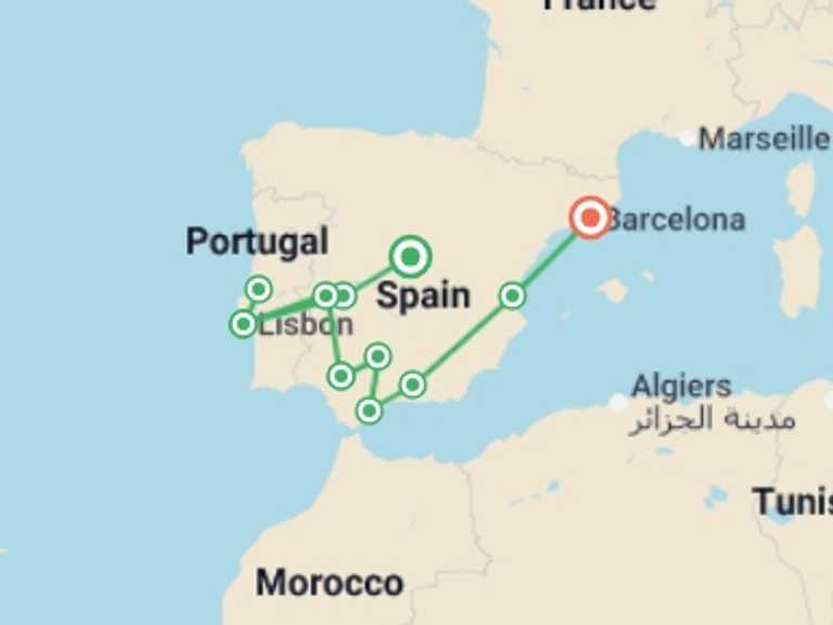 Map of 10-Day Madrid Tour with 8 destination visits for the trip: Madrid to Lisbon, Mediterranean & Barcelona - 10 days