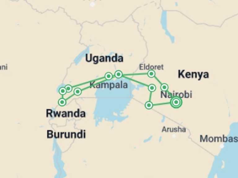Map of Africa Wildlife safaris and game drives Tour with 11 destination visits for the trip: Gorillas & Game Parks