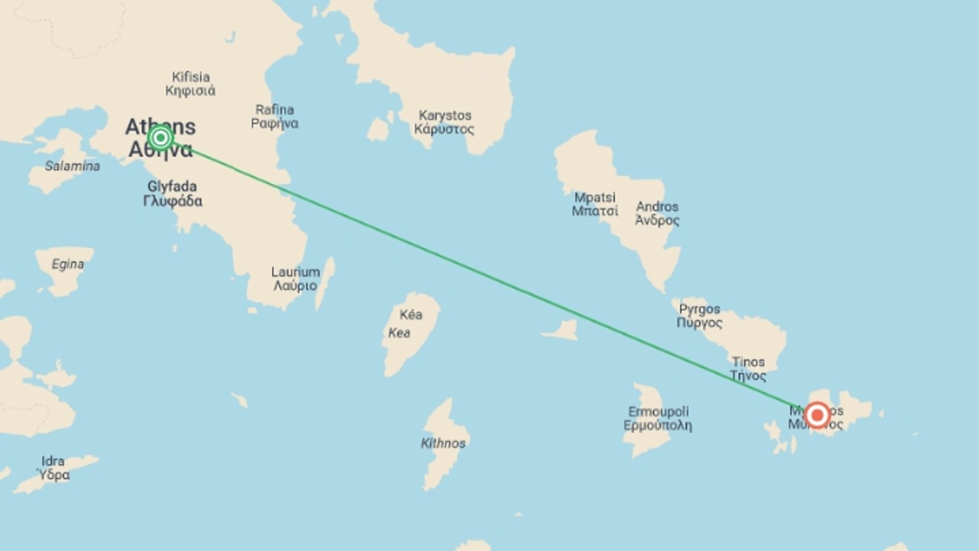A map showing the tour itinerary for the trip: Mykonos Experience 7D/6N, starting in Athens, Greece and ending in Mykonos, Greece going through 0 other destinations.