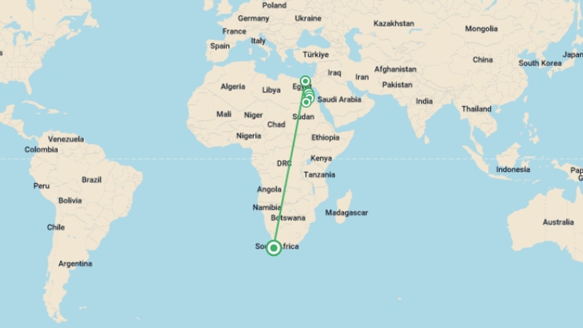 A map showing the tour itinerary for the trip: Egypt Eclipse Adventure 2027 - C, starting in Cape Town, South Africa and ending in Cape Town, South Africa going through 5 other destinations.
