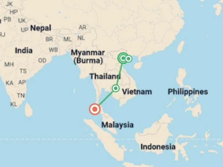 Map of 11-Day Indochina Tour with 5 destination visits for the trip: Treasures of Southeast Asia - 11 days
