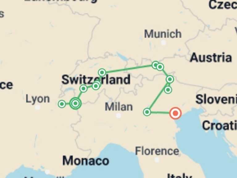 Map of Europe Tour with 4 destination visits for the trip: Peaks of Europe: The Alps to The Dolomites featuring France, Switzerland, Liechtenstein, Austria, and Italy