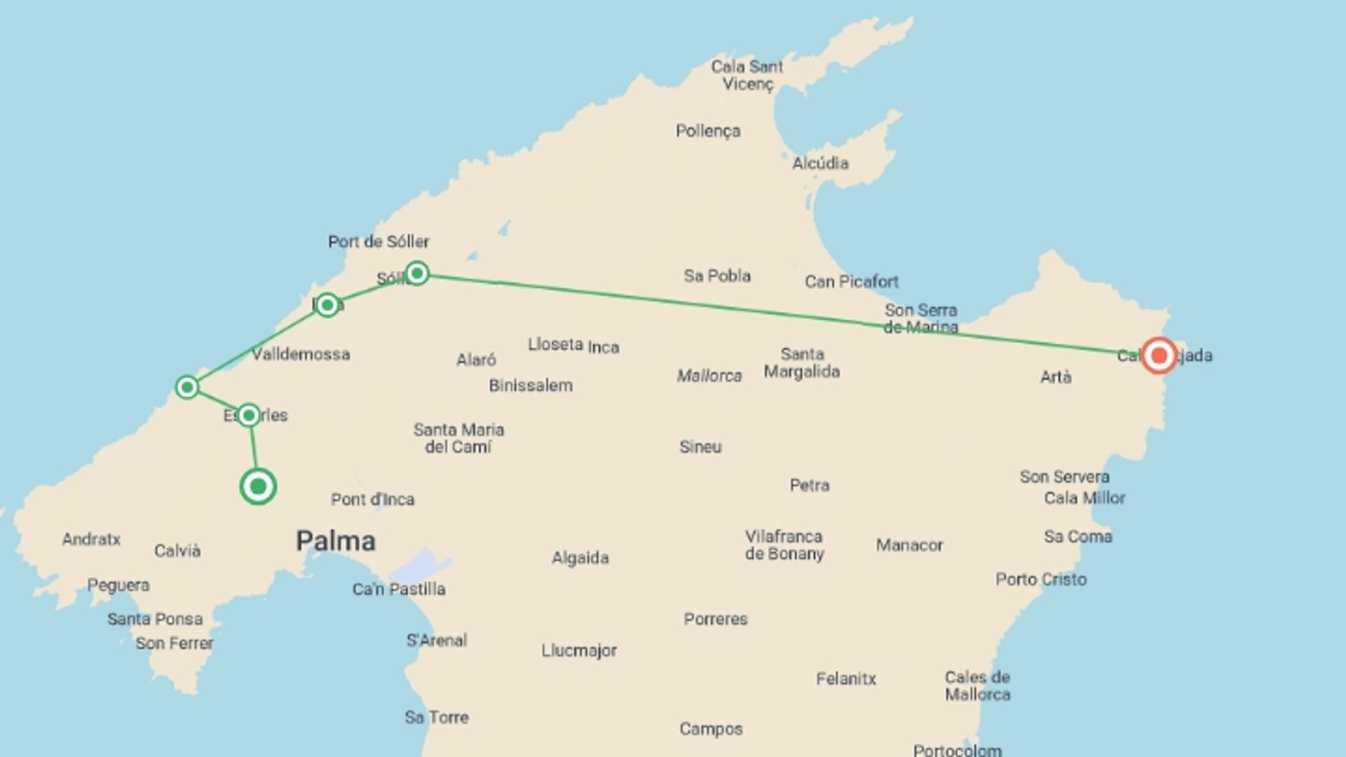 A map showing the tour itinerary for the trip: Walking in Mallorca, starting in Majorca, Spain and ending in Cala Ratjada, Spain going through 5 other destinations.