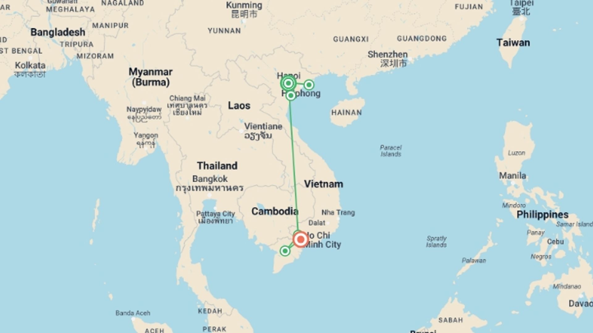 A map showing the tour itinerary for the trip: Vietnam Highlights, starting in Hanoi, Vietnam and ending in Ho Chi Minh City, Vietnam going through 3 other destinations.