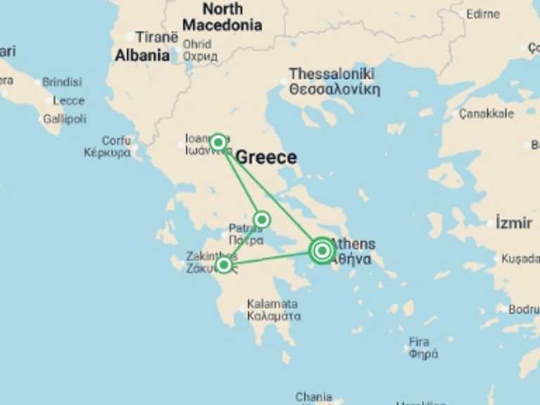 Map itinerary of Mediterranean Tour in October 2026 with 5 destination visits for the trip: 4 Days Mainland Greece With Meteora