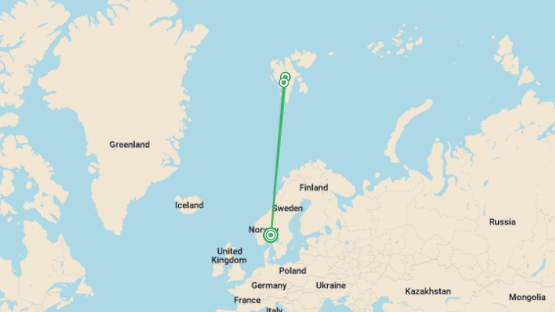 A map showing the tour itinerary for the trip: Realm of the Polar Bear In Depth - M/V Sylvia Earle, starting in Oslo, Norway and ending in Oslo, Norway going through 2 other destinations.