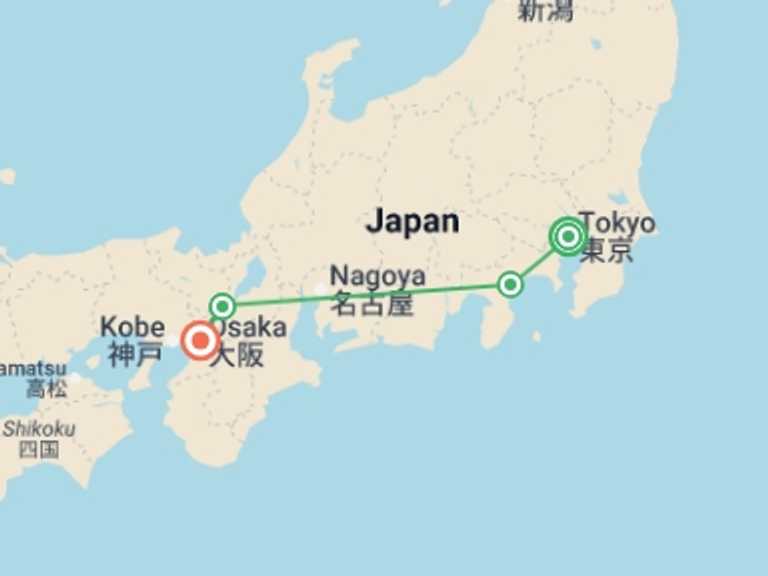 Map itinerary of Osaka Tour in March 2027 with 4 destination visits for the trip: Journey Through the Heart of Japan: Tokyo to Osaka
