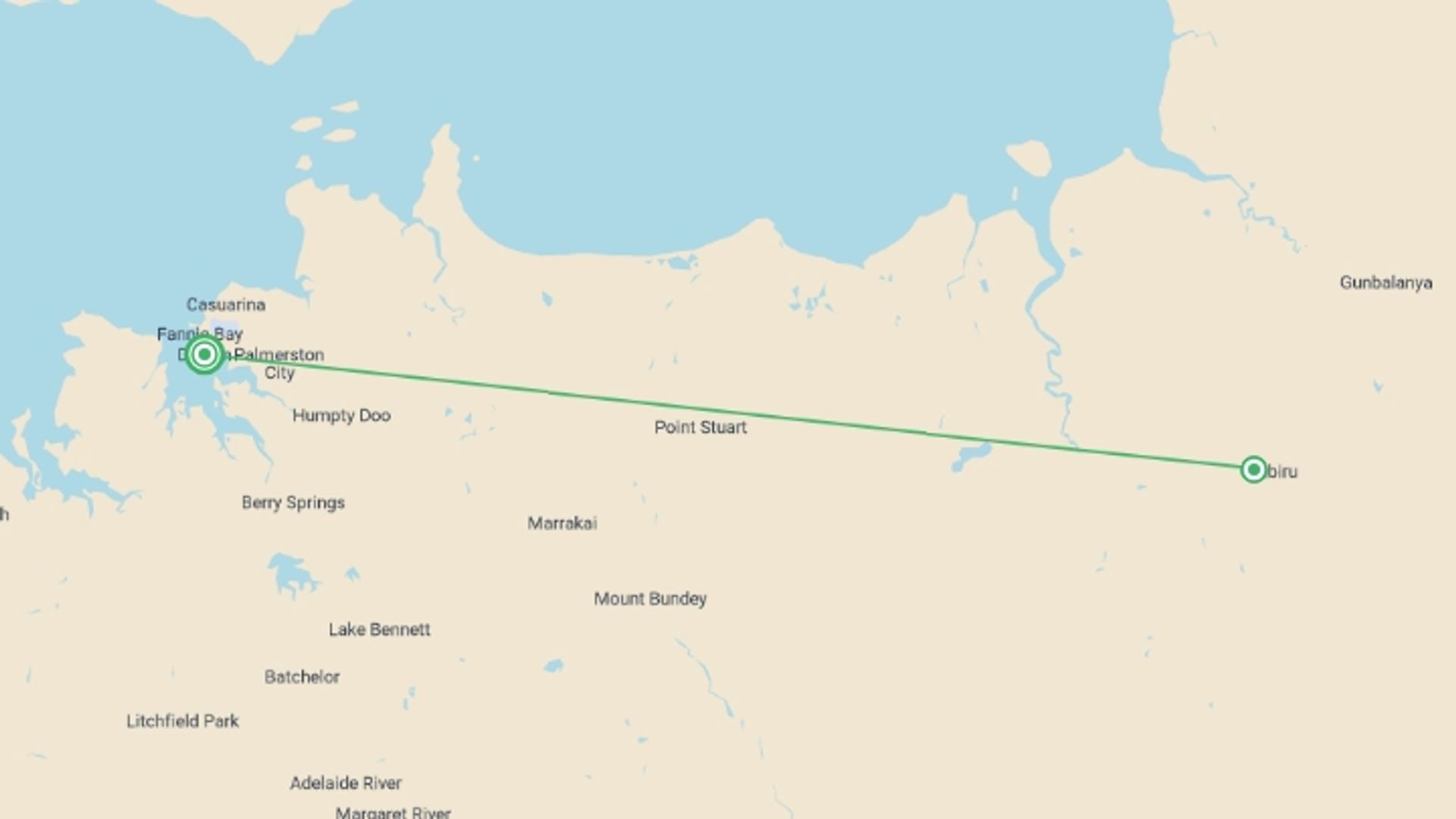 A map showing the tour itinerary for the trip: Best of Kakadu & Litchfield - 3 days, starting in undefined, Australia and ending in undefined, Australia going through 0 other destinations.