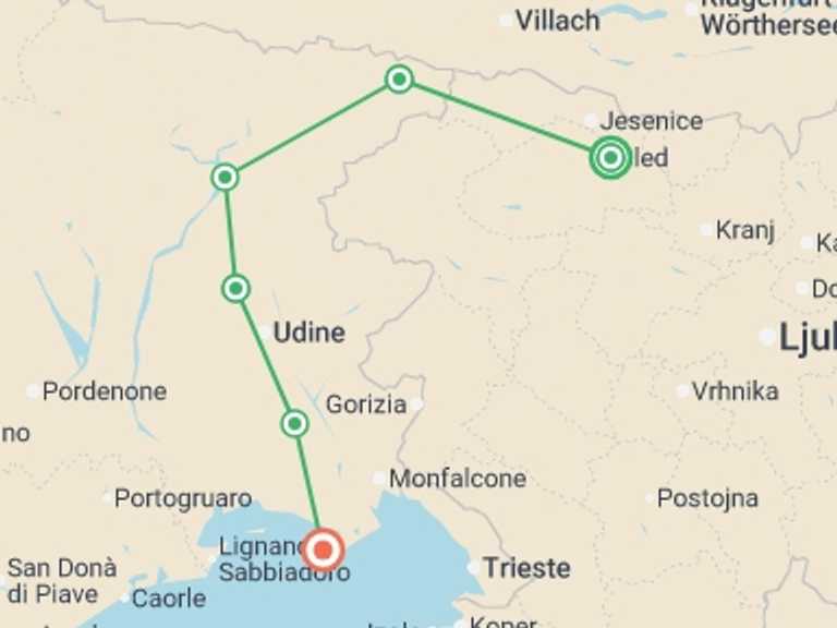 Map itinerary of Mediterranean Tour in Summer with 6 destination visits for the trip: Julian Alps to the Adriatic Cycling