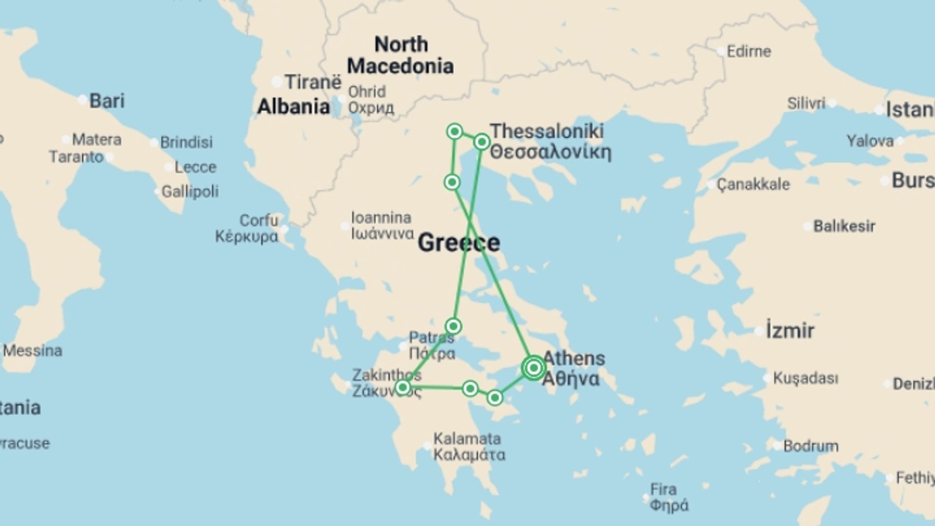A map showing the tour itinerary for the trip: Grand Tour of Greece - 10 Days, starting in Athens, Greece and ending in Athens, Greece going through 3 other destinations.