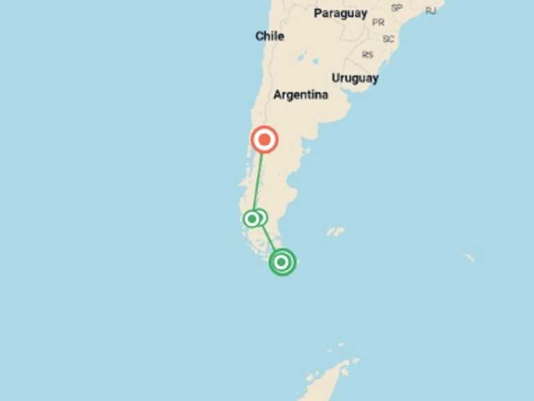 Map itinerary of South America Tour in March 2027 with 5 destination visits for the trip: Argentina: Ushuaia, Calafate and Bariloche 