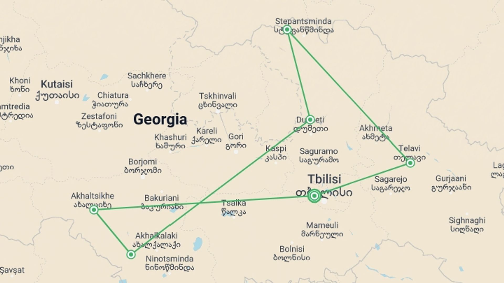 A map showing the tour itinerary for the trip: A Week in Georgia, starting in Tbilisi, Georgia and ending in Tbilisi, Georgia going through 5 other destinations.