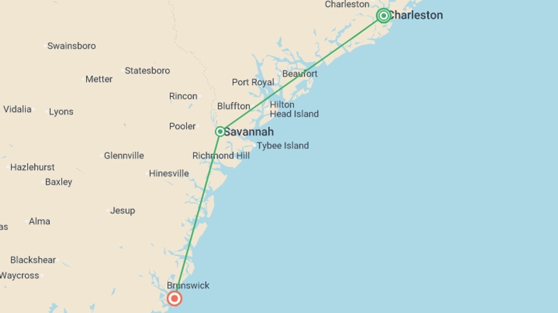 A map showing the tour itinerary for the trip: Charms of Southeast USA, starting in Charleston, USA and ending in Jekyll Island, USA going through 1 other destinations.