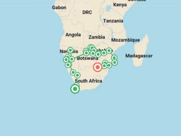Map itinerary of Windhoek Tour in Spring with 27 destination visits for the trip: 33-day Cape Town to Victoria Falls  Mozambique Camping