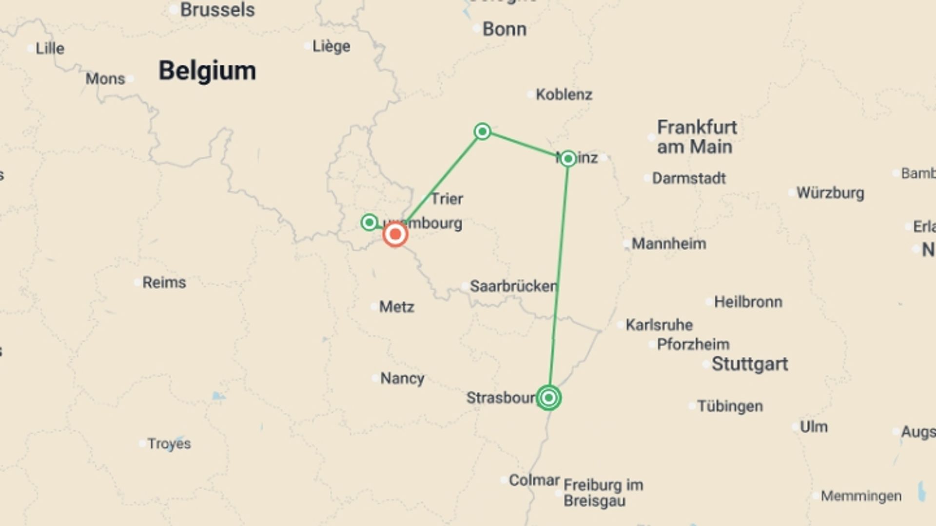 A map showing the tour itinerary for the trip: 4 Rivers: The Neckar, Romantic Rhine, Moselle, and Sarre Valleys (port-to-port cruise), starting in Strasbourg, France and ending in Remich, Luxembourg going through 3 other destinations.