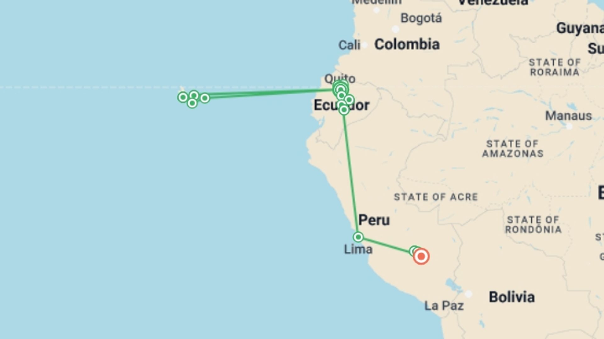 A map showing the tour itinerary for the trip: Ecuador, Galapagos & Peru Explorer, starting in Quito, Ecuador and ending in Cusco, Peru going through 9 other destinations.