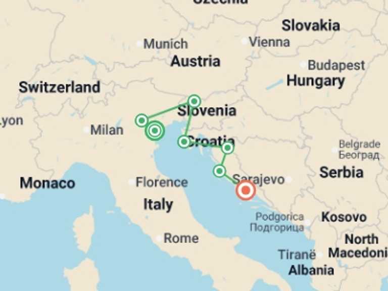 Map of Europe Tour with 7 destination visits for the trip: Adriatic Discovery: Northern Italy, Slovenia and Croatia