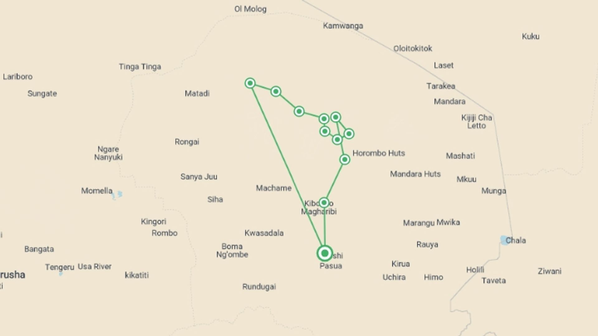 A map showing the tour itinerary for the trip: 8 Days Mount Kilimanjaro Trekking - Lemosho Route, starting in Moshi, Tanzania and ending in Moshi, Tanzania going through 9 other destinations.