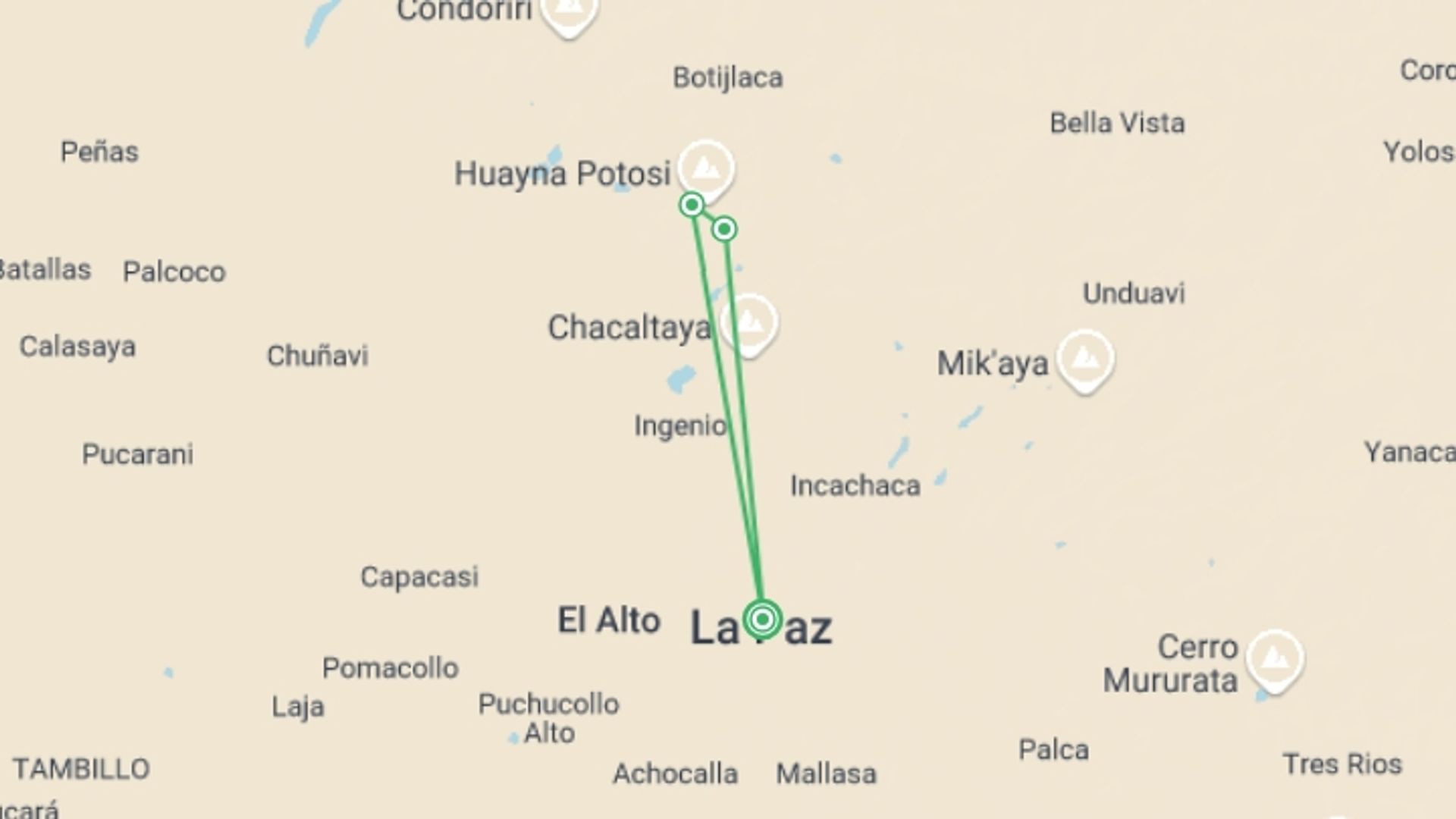 A map showing the tour itinerary for the trip: Huayna Potosi Trek 3D/2N, starting in La Paz, Bolivia and ending in La Paz, Bolivia going through 2 other destinations.