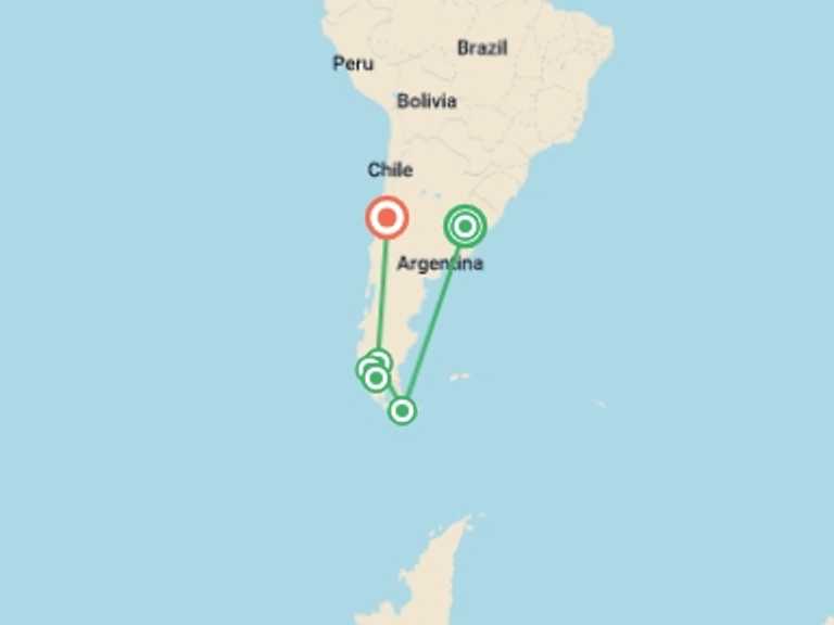 Map of South America Tour with 6 destination visits for the trip: Wonders of Patagonia