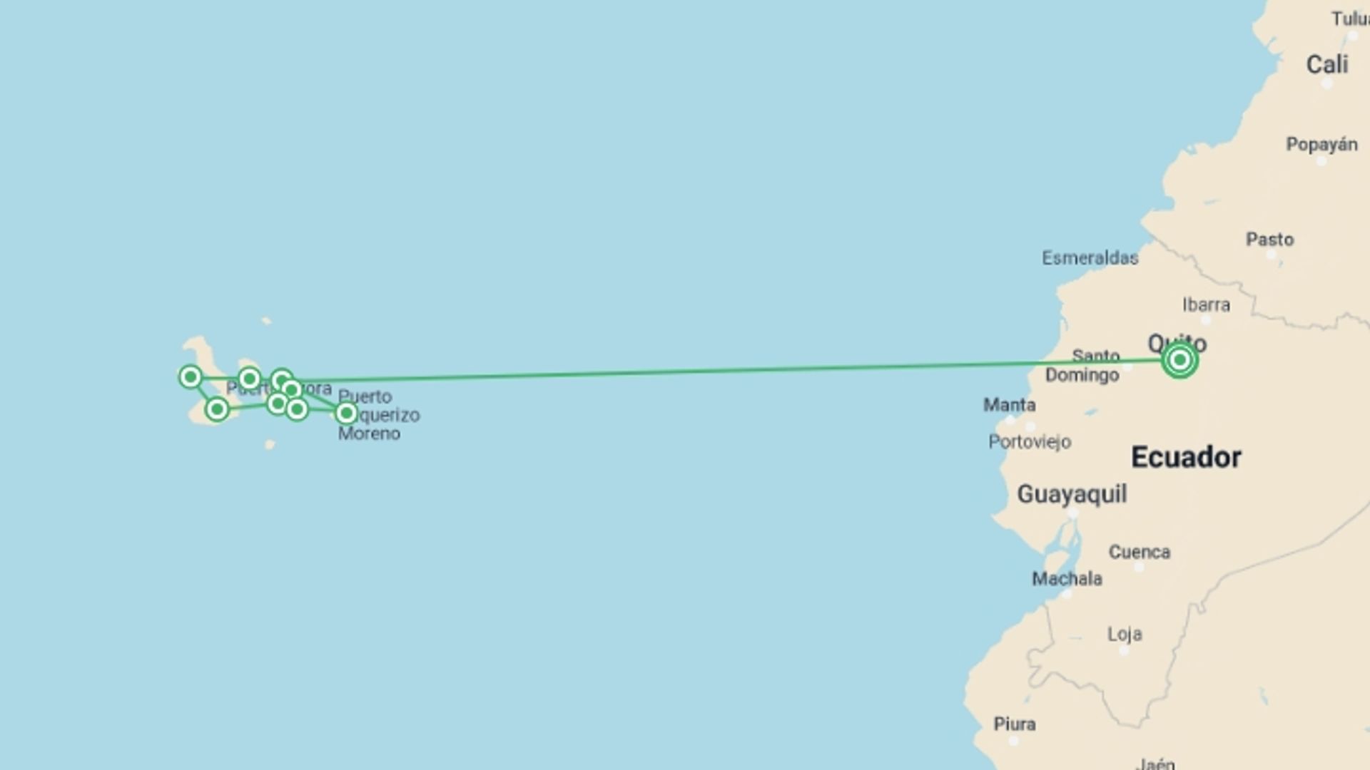 A map showing the tour itinerary for the trip: Galápagos — East, Central, & West Islands aboard the Eden, starting in Quito, Ecuador and ending in Quito, Ecuador going through 6 other destinations.