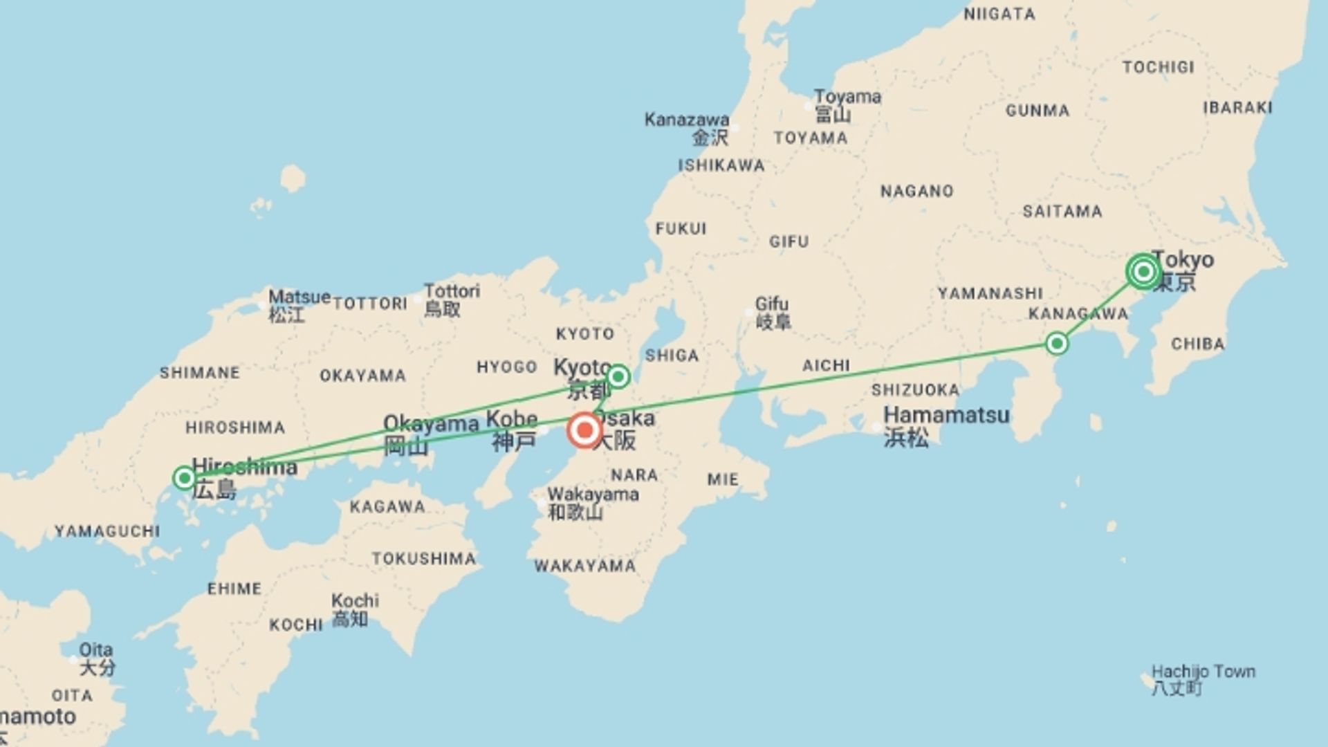 A map showing the tour itinerary for the trip: Spirit of Japan 14D/13N, starting in Tokyo, Japan and ending in Osaka, Japan going through 3 other destinations.