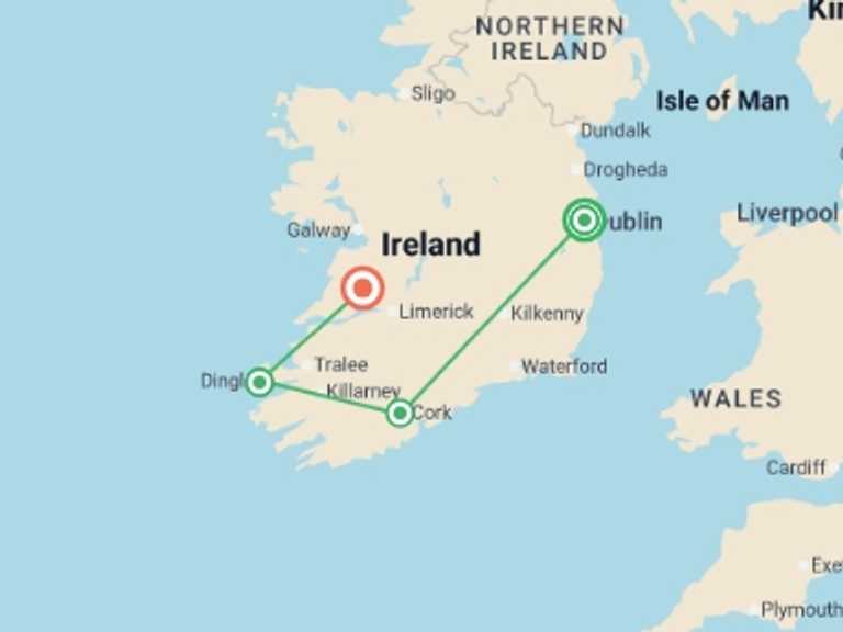 Map itinerary of Europe Tour in October 2025 with 4 destination visits for the trip: Countryside of the Emerald Isle 