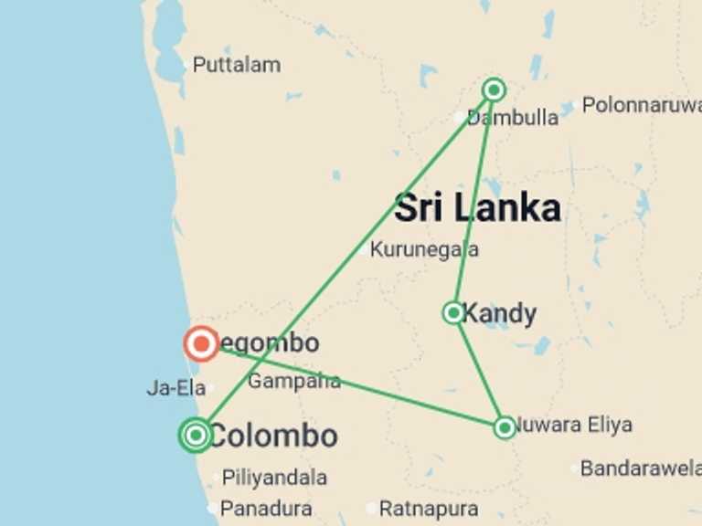 Map itinerary of Sri Lanka Tour in June 2026 with 5 destination visits for the trip: Best of Sri Lanka