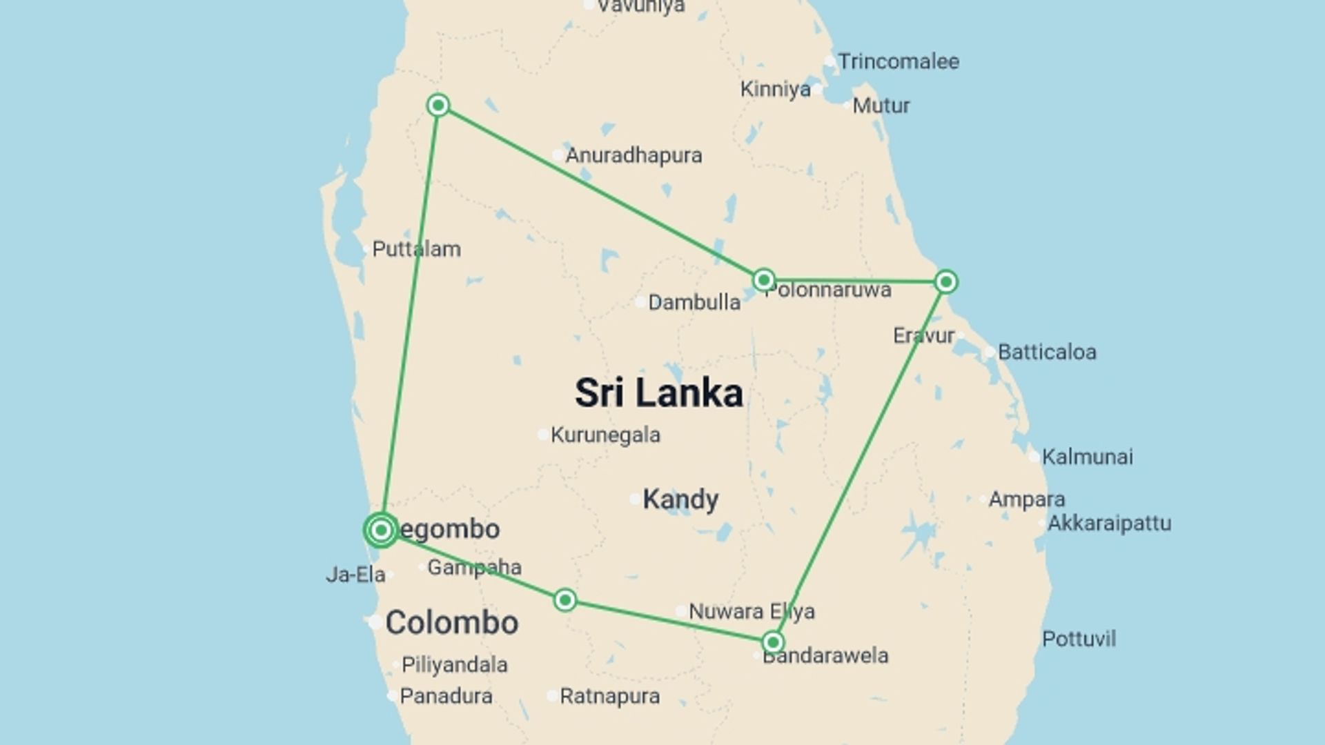 A map showing the tour itinerary for the trip: Family Highlights of Sri Lanka, starting in Negombo, Sri Lanka and ending in Negombo, Sri Lanka going through 5 other destinations.