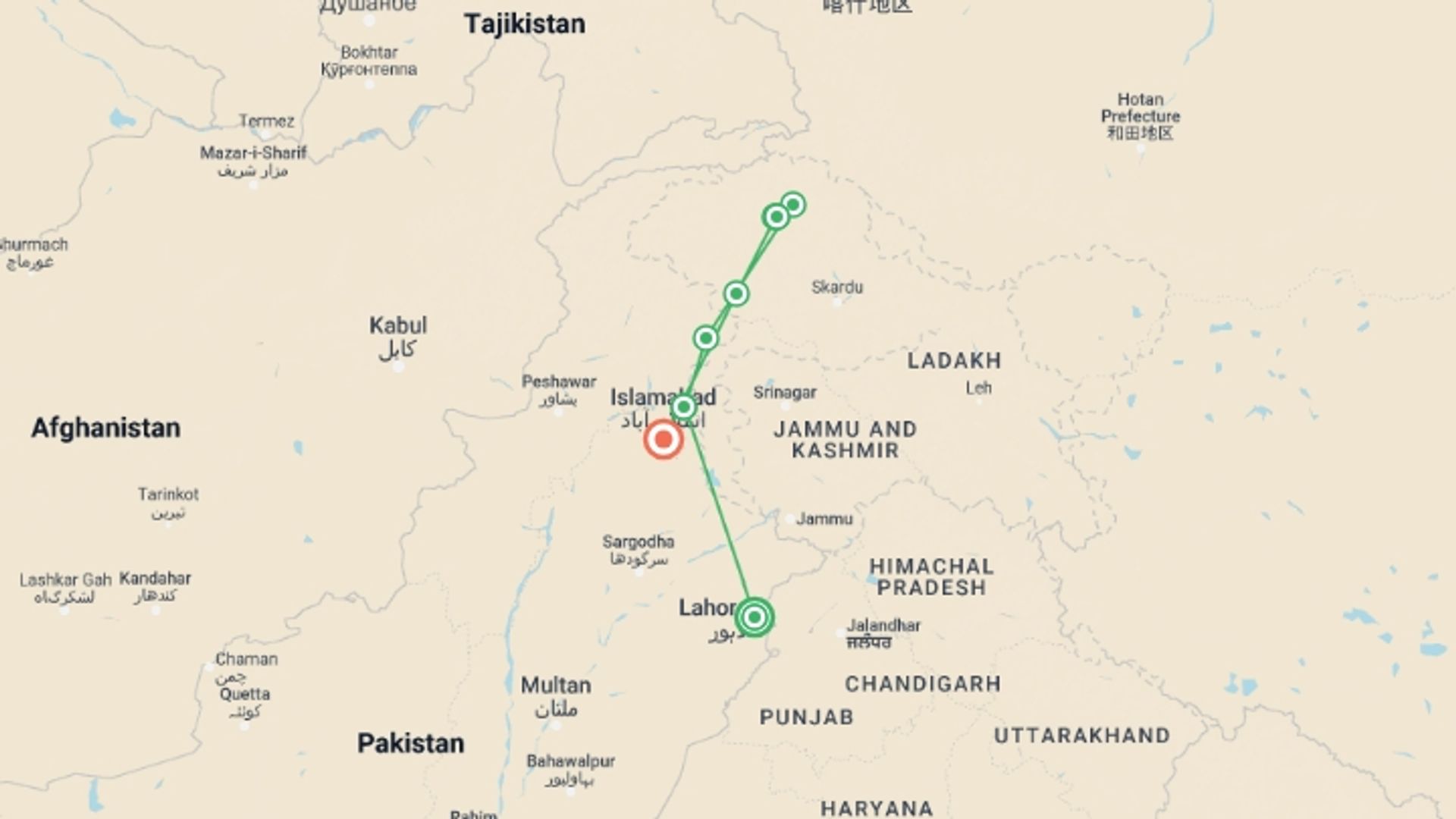 A map showing the tour itinerary for the trip: Pakistan: Karakoram Highway, Local Eats & Village Life, starting in Lahore, Pakistan and ending in Islamabad, Pakistan going through 6 other destinations.