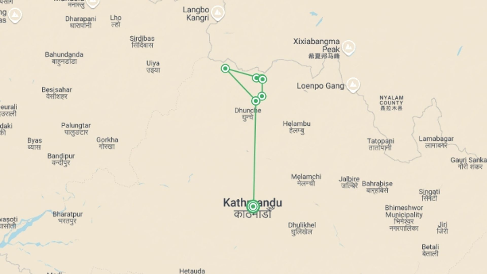 A map showing the tour itinerary for the trip:  Langtang Tamang Heritage Trail Trekking , starting in Kathmandu, Nepal and ending in Kathmandu, Nepal going through 7 other destinations.