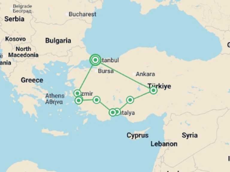 Map of Cappadocia Explorer Tour with 5 destination visits for the trip: Highlights of Turkey 2026 (5 & 4 Star Hotels)