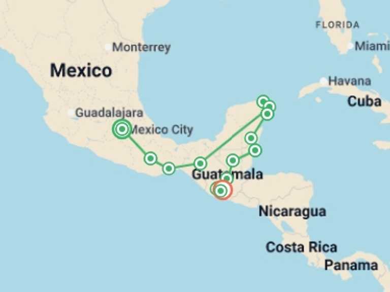Map of Guatemala and Mexico Tour with 15 destination visits for the trip: Mexico City to Antigua Adventure  - 28 days
