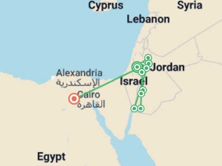 Map itinerary of Asia Tour in August 2026 with 7 destination visits for the trip: Jerusalem, unforgettable Jordan and Cairo