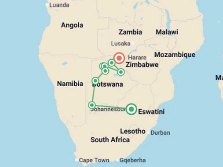 Map of Africa Tour with 10 destination visits for the trip: Okavango & Chobe - 2026