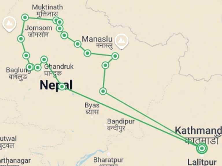 Map of Kathmandu Mountains Tour with 16 destination visits for the trip: Annapurna Circuit Trek