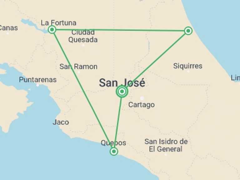 Map itinerary of Costa Rica Tour in June 2027 with 4 destination visits for the trip: Monkeys, Jungles and Volcanoes