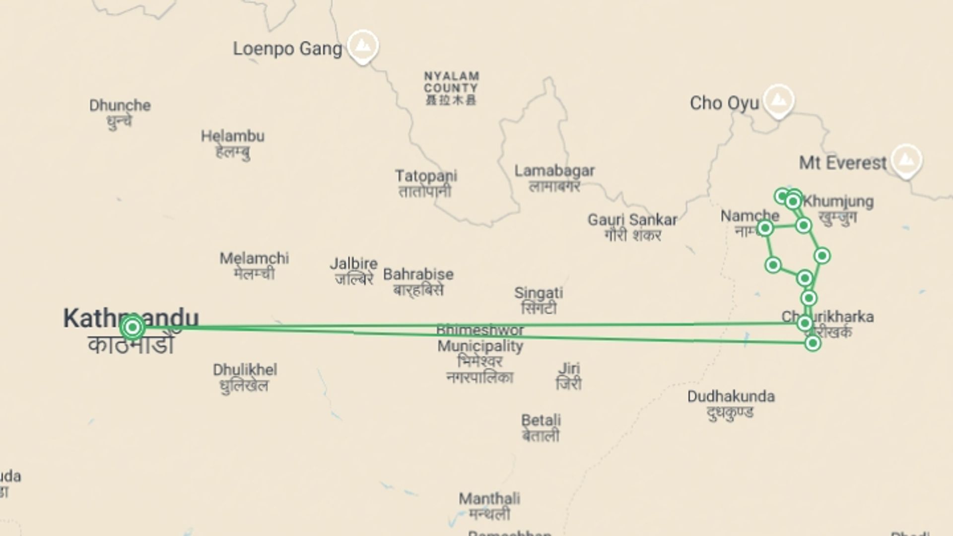 A map showing the tour itinerary for the trip: Cholo Expedition, starting in Kathmandu, Nepal and ending in Kathmandu, Nepal going through 12 other destinations.