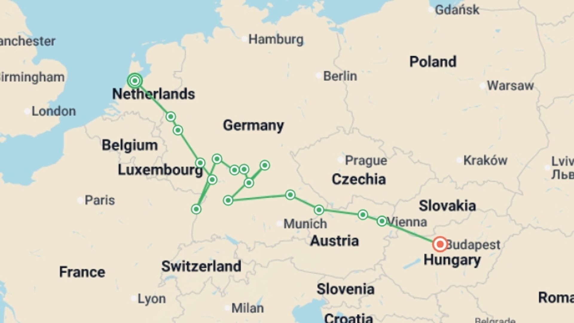 A map showing the tour itinerary for the trip: Cruise across Europe from Amsterdam to Budapest (port-to-port cruise), starting in Amsterdam, Holland and ending in Budapest, Hungary going through 7 other destinations.