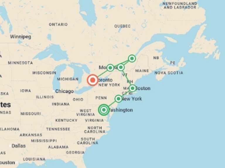 Map of New York Cultural, religious and historic sites Tour with 7 destination visits for the trip: Touring the East Coast end Toronto
