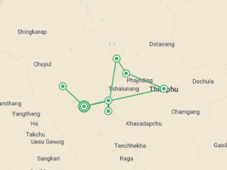 Map of Bhutan Tour with 8 destination visits for the trip: Bhutan Druk Path Trek