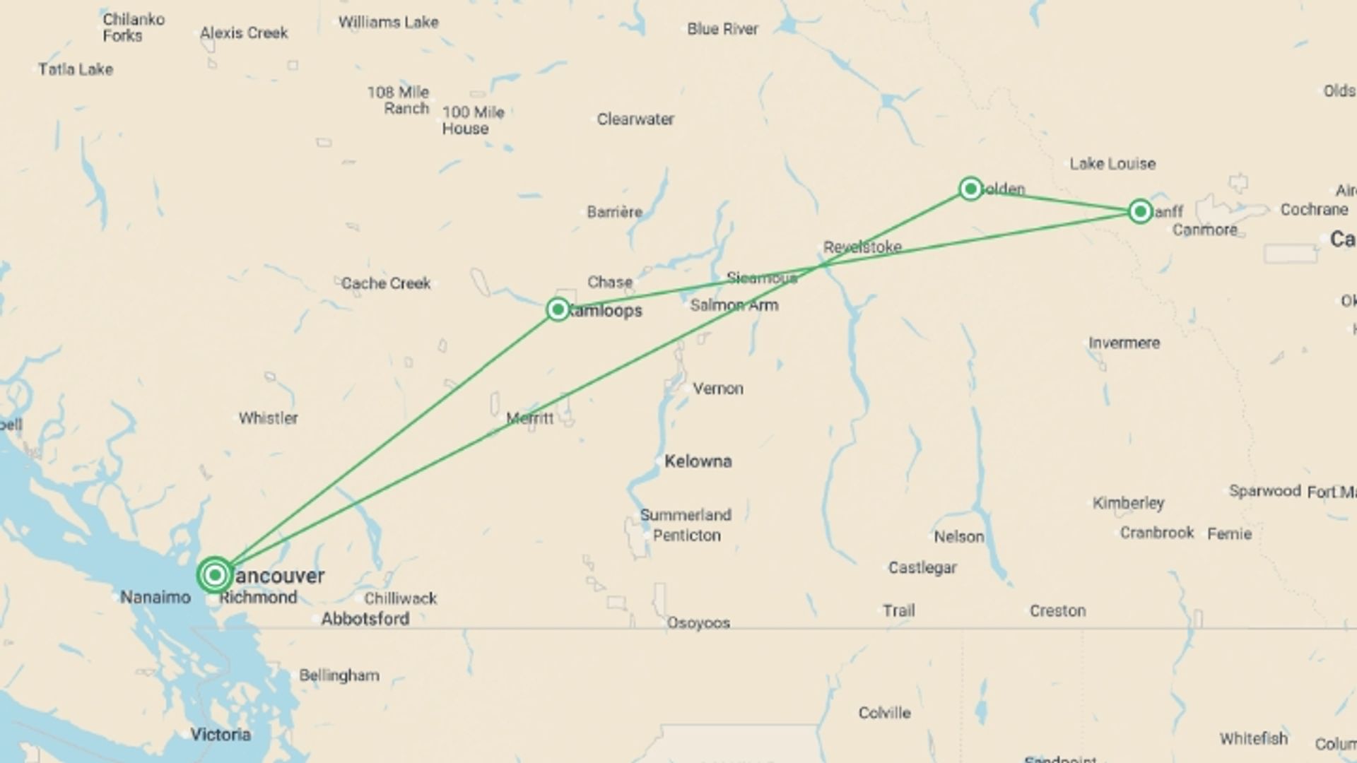 A map showing the tour itinerary for the trip: Christmas Vancouver, Banff & Rockies - 5 days, starting in Vancouver, Canada and ending in Vancouver, Canada going through 3 other destinations.