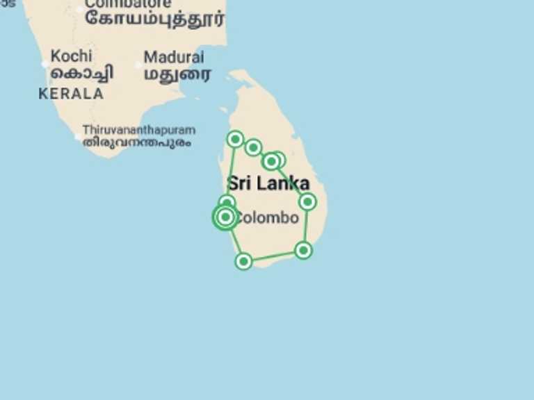 Map itinerary of Sri Lanka Tour in November 2026 with 7 destination visits for the trip: Sri Lanka Connected To The Wild, 11 Days Of National Park Safaris, Private Tour