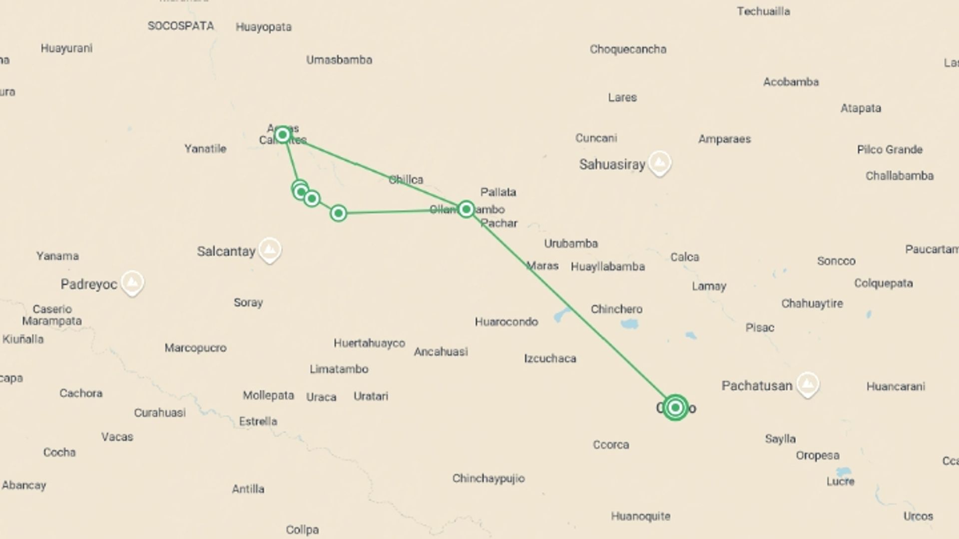 A map showing the tour itinerary for the trip: Inca Trail Trek to Machu Picchu 5D/4N, starting in Cusco, Peru and ending in Cusco, Peru going through 3 other destinations.