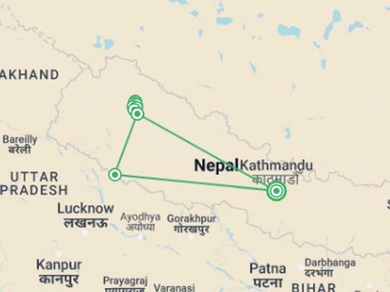 Map of 12-Day Kathmandu Tour with 12 destination visits for the trip: Rara Lake Trek  