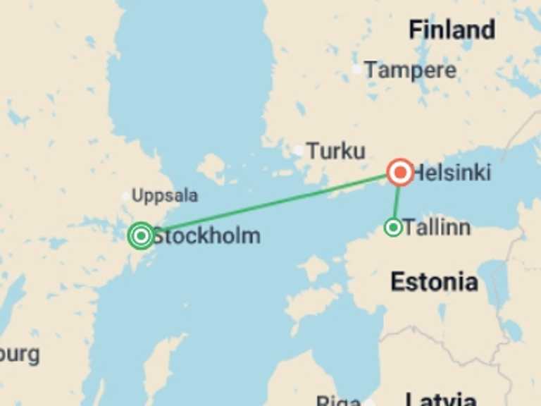Map of Northern Europe Explorer Tour with 3 destination visits for the trip: Cruise Stockholm to Tallinn - 8 days