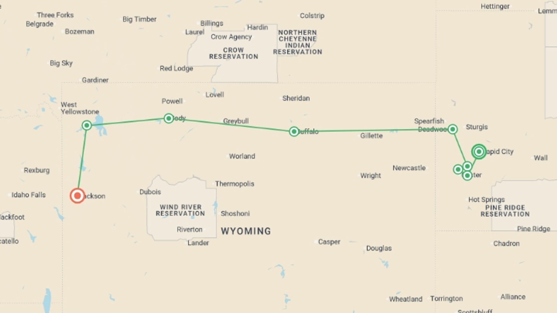 A map showing the tour itinerary for the trip: America's Cowboy Country , starting in Rapid City, USA and ending in Jackson, USA going through 3 other destinations.