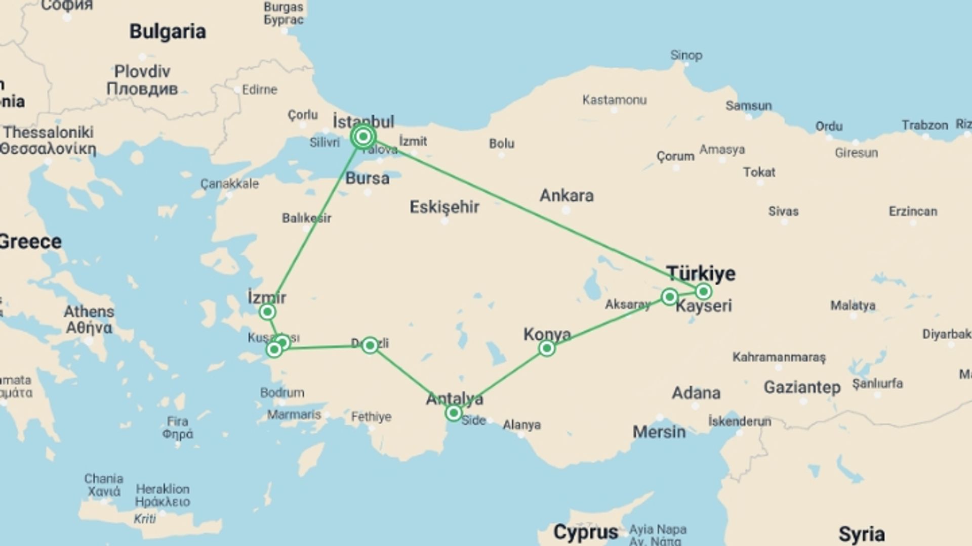 A map showing the tour itinerary for the trip: Turkish Delight With Cappadocia, starting in Istanbul, Turkey and ending in Istanbul, Turkey going through 5 other destinations.